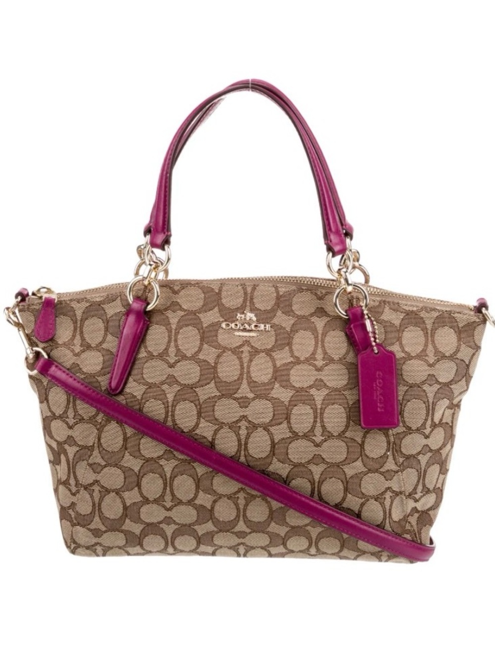 Coach Kelsey Signature C Canvas Khaki & Fuchsia Leather Trim Crossbody Bag